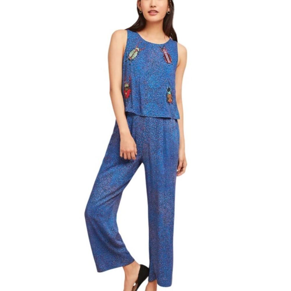 Anthropologie x Conditions Apply Blue Critter Bug Embroidered Jumpsuit